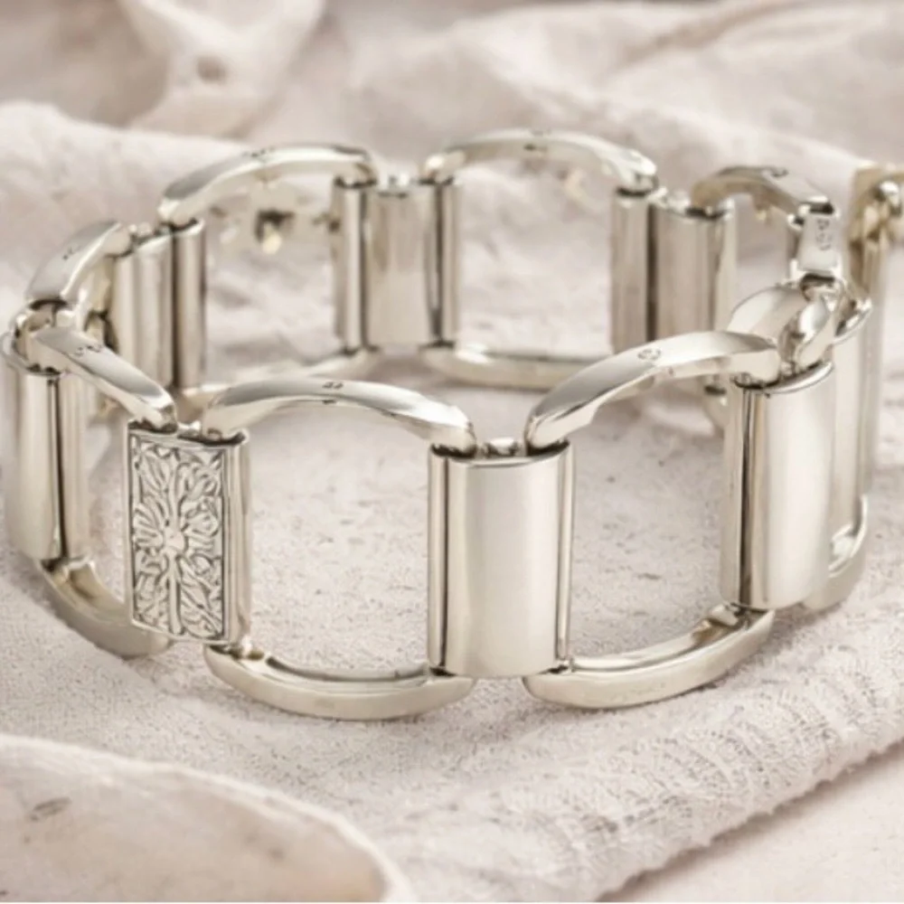 Brighton Silver Tone Link Bracelet Floral Hinged Panel Chunky Vintage Style